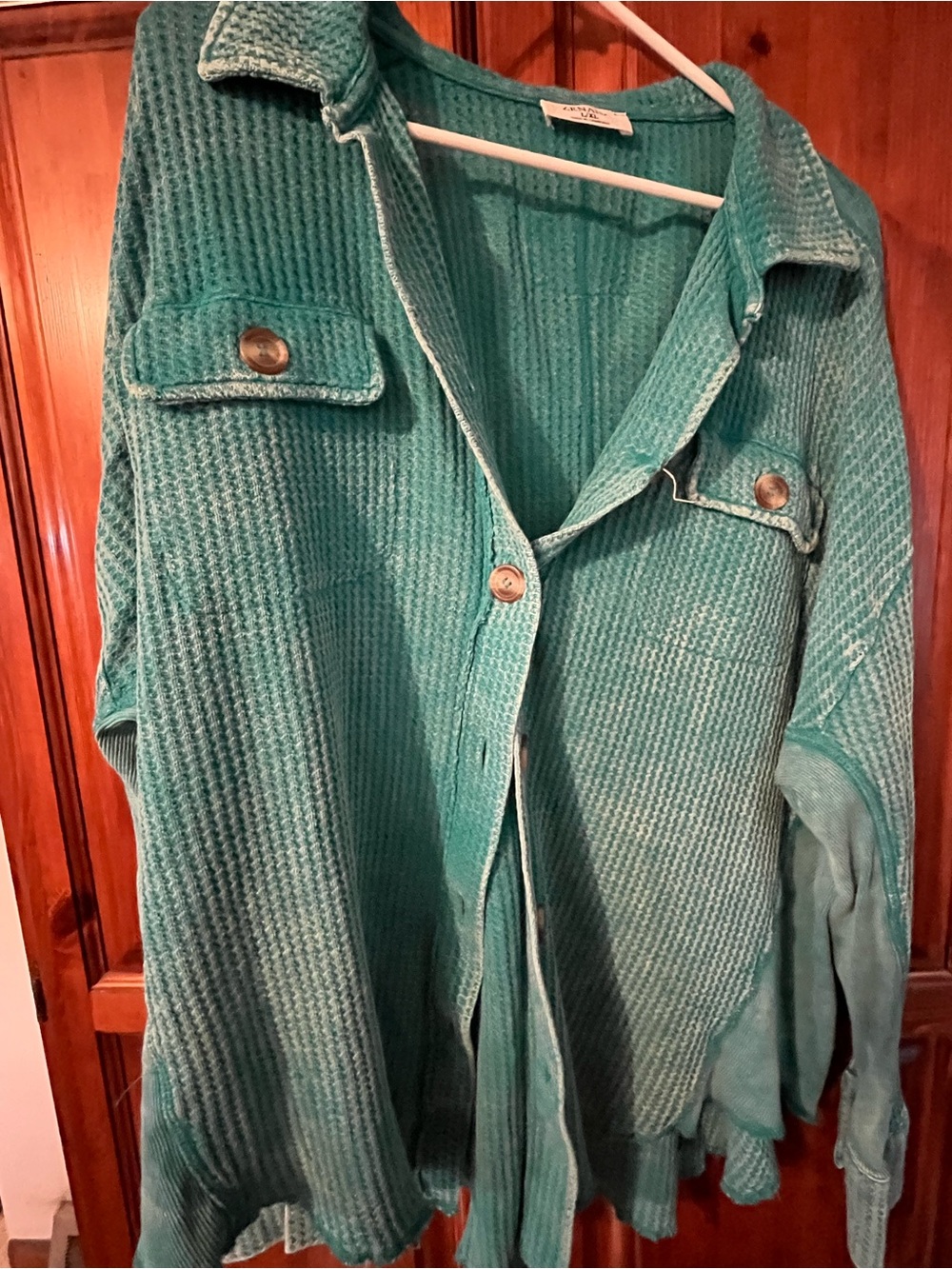 Zenana Outfitters Teal Waffle-Knit Button Jacket. L/XL